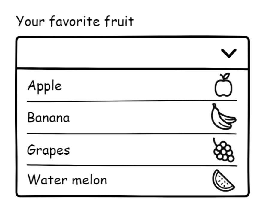 A wireframe illustration of a custom select with a label that reads,  'Your favorite fruit.' The options are, 'Apple,' 'Banana,' 'Grapes,' and 'Water melon'. Each option also has a corresponding image of fruit.