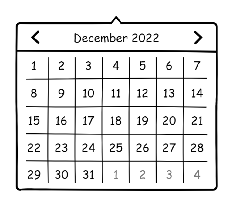 A wireframe illustration of a pop-up box containing a calendar grid displaying each of the 31 days of December 2022.