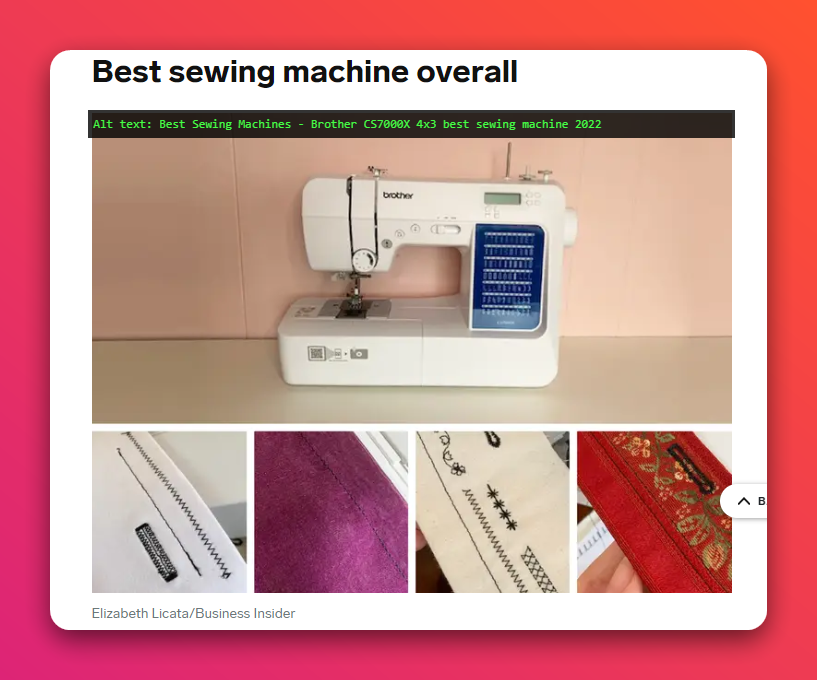 A white electric Brother Sewing Machine against a pink background with alt text set as: 'Best sewing Machines - Brother CS7000X 4x3 best sewing machine 2022'.