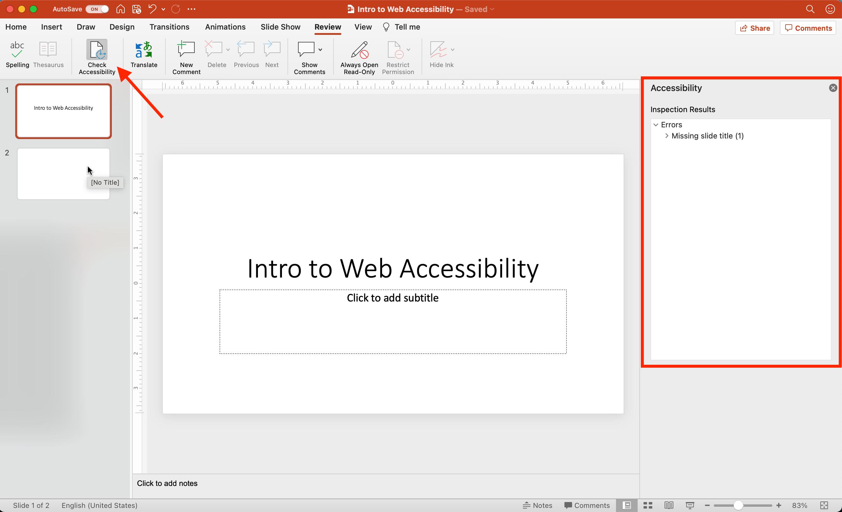 The Check Accessibility menu option is activated on a simple PowerPoint deck where one slide is missing a title. The Accessibility pane shows the 'Missing slide title' error and the mouse hover text for that slide also reads '[No Title]'.