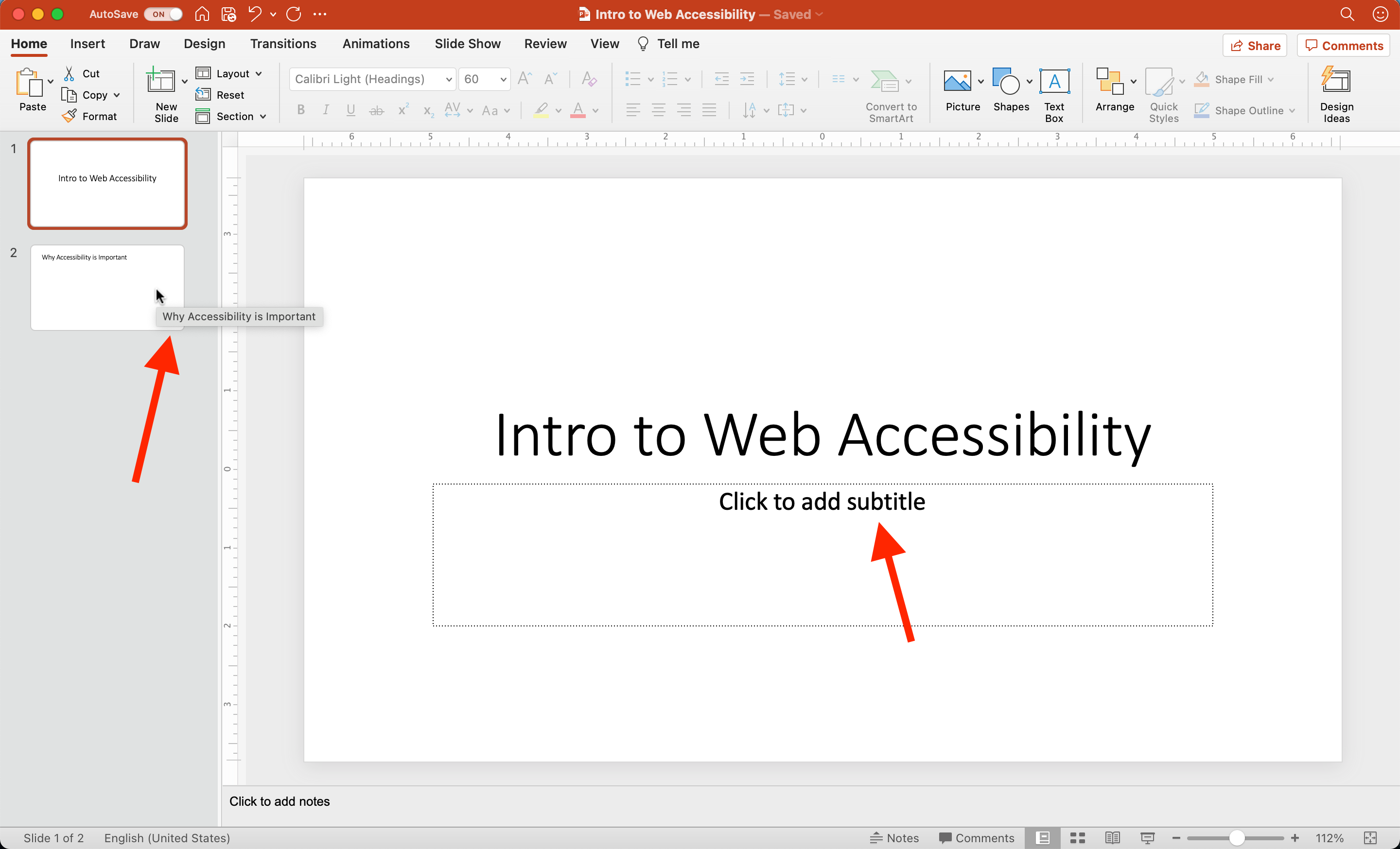 Two simple PowerPoint slides each have titles. The mouse cursor hovers over the second slide's thumbnail to show the title text appears as mouse hover content when properly formatted.