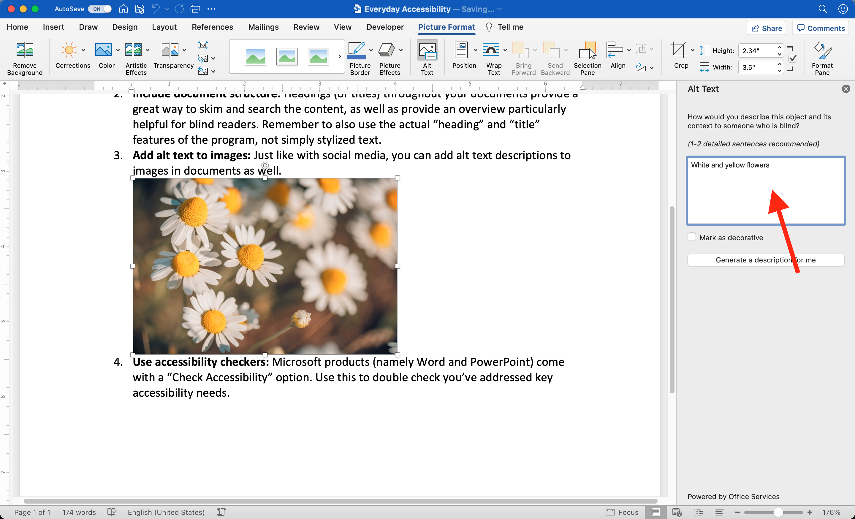 Word document has photo inserted and selected. In the right pane, the Alt Text option is open and showing an input field that reads 'White and yellow flowers'.