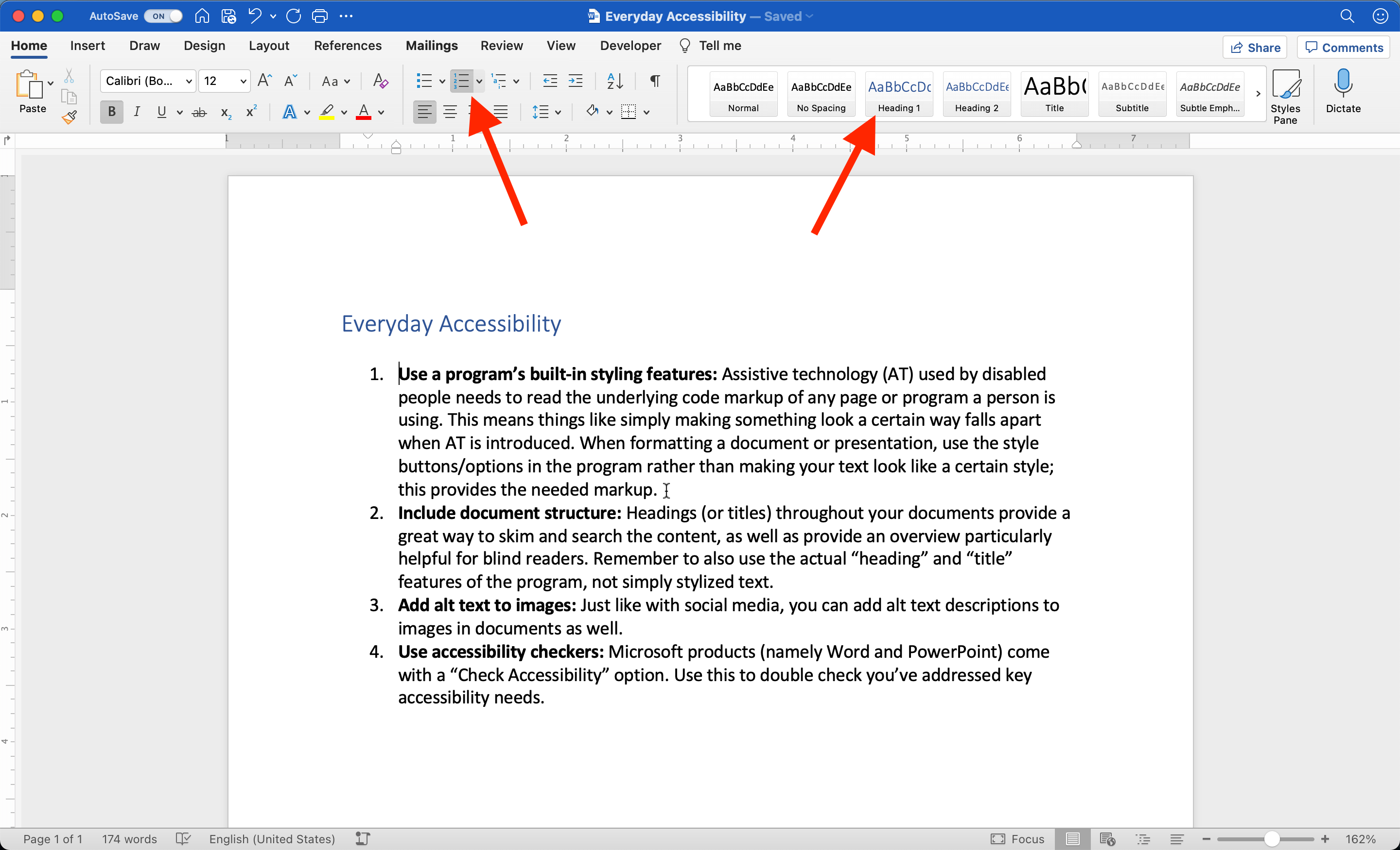 Sample document including heading and numbered list with arrows pointing out the 'Numbered List' option in the menus and the 'Heading 1' text style used for the heading.