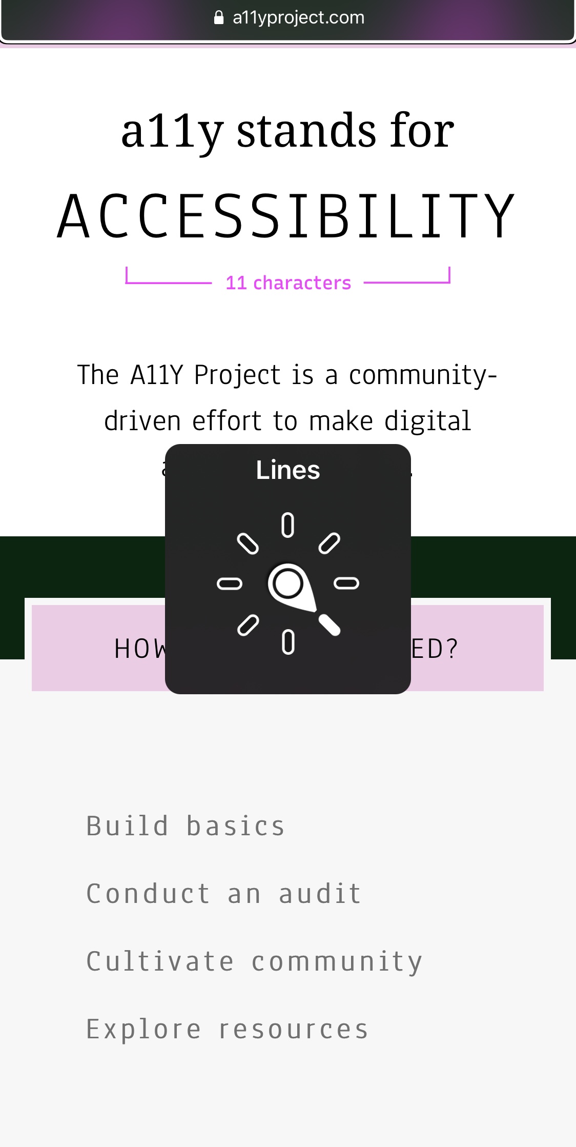 iOS VoiceOver Rotor showing a list of settings on The A11Y Project's homepage on mobile.