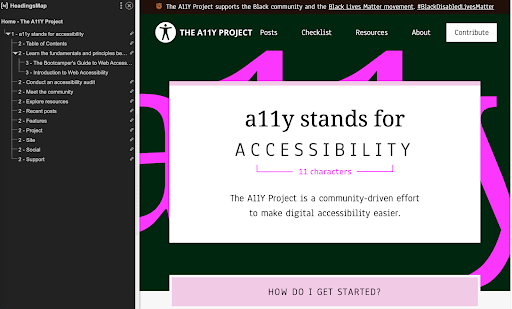 Screenshot of how HeadingsMap visualises the heading structure in a sidebar of the homepage of the Accessibility Project.