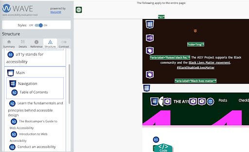 Screenshot of how Wave visualises the heading structure in a sidebar the homepage of the Accessibility Project.