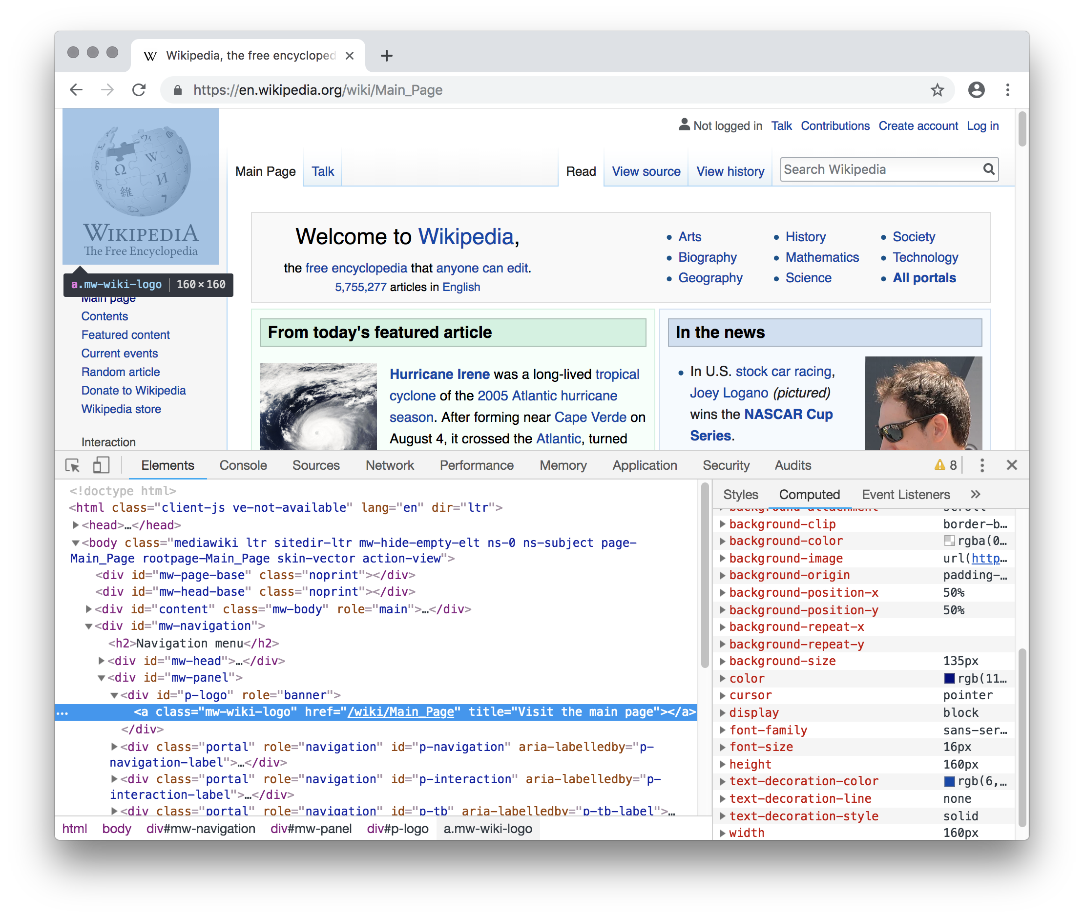 Chrome's inspector highlighting the height and width of Wikipedia's logo, which serves as a link back to the Wikipedia homepage. The logo's computed size is 160 by 160 CSS pixels. The inspector also has the code for the logo highlighted, as well as its computed properties. Screenshot.