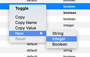 The Firefox about:config add config menu. The screenshot is highlighting the selection of the New Integer configuration.