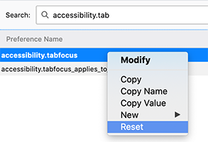 The Firefox about:config right click menu. The screenshot is highlighting the selection of the Reset menu item.