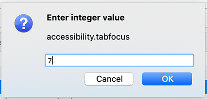 The Firefox about:config add config dialog. The screenshot is highlighting entering 7 as a preference value.