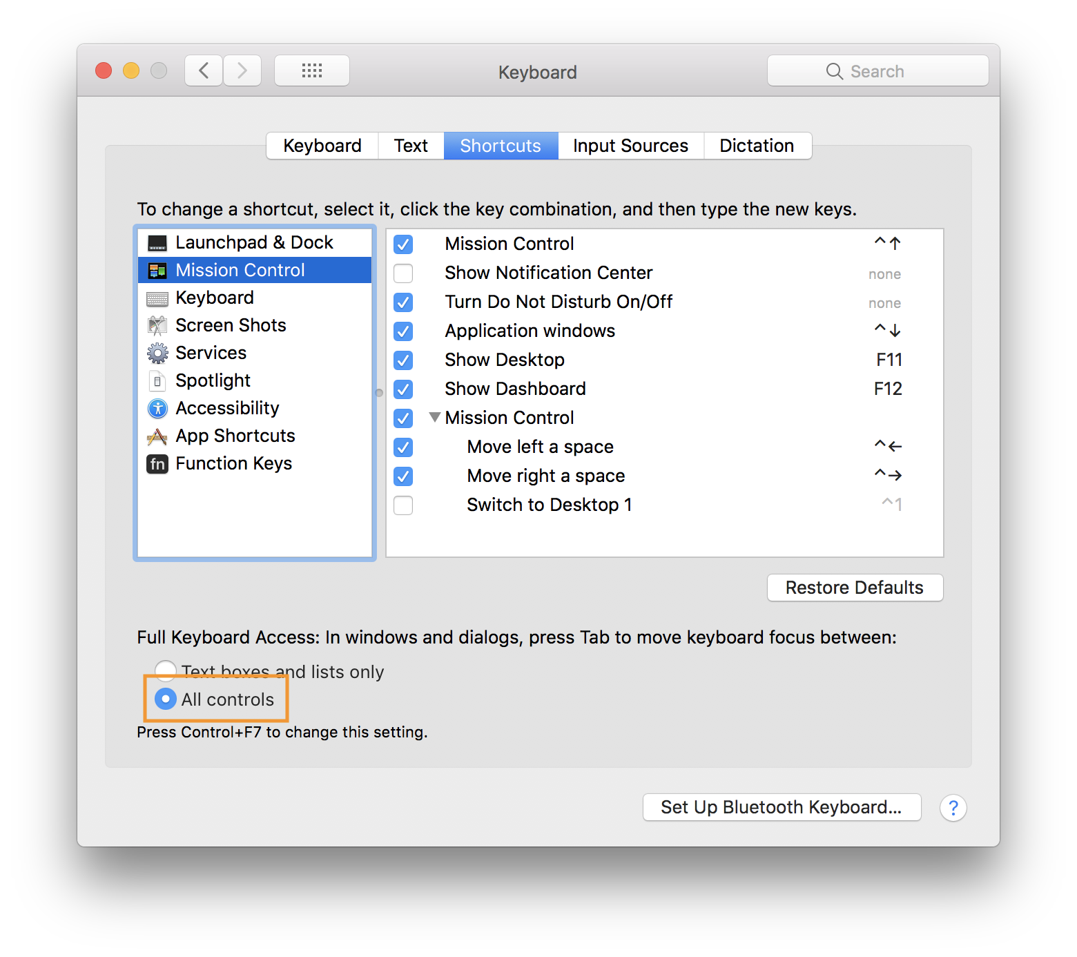 The macOS Settings window pre-Catalina. The screenshot is highlighting the selection of the 'All controls' radio button.