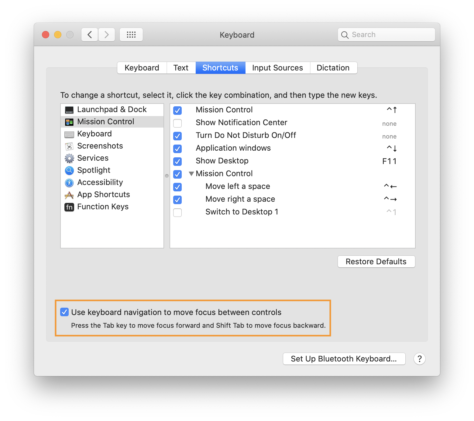 The macOS (Catalina) Settings window. The screenshot is highlighting the selection of the 'Use keyboard navigation to move focus between controls' check box.