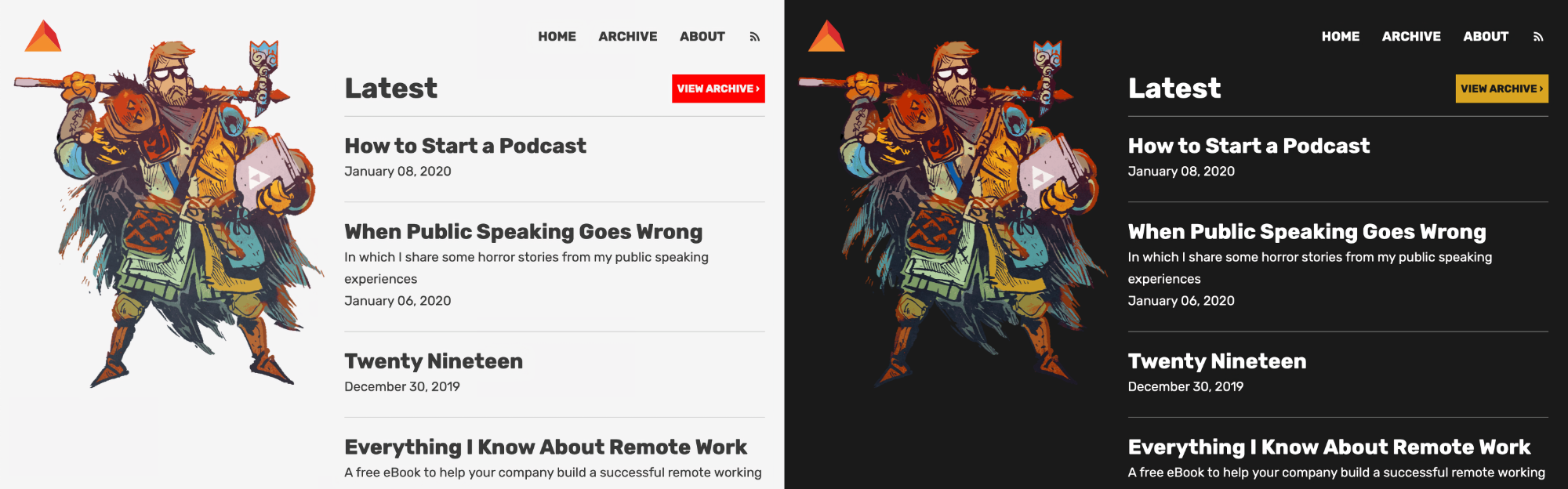 A side-by-side comparison of light and dark themes for the home page daverupert.com. The navigation, text, background, and link colors update, but the logo and illustration of Dave as a fantasy warrior remain the same.