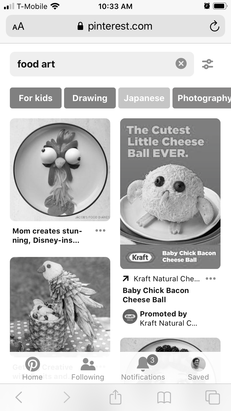 iOS Safari showing a search for food art on Pinterest.com. All color has been removed from the display. Screenshot.