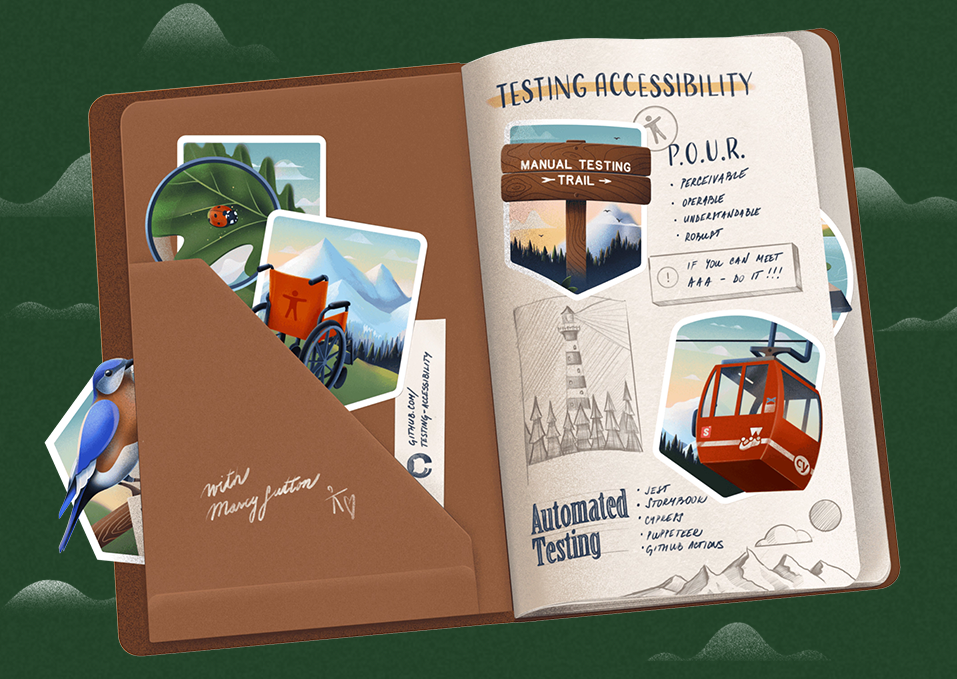 A notebook with hand-written phrases of 'Testing Accessibility', 'P.O.U.R. Perceivable, Operable, Understandable, Robust', and Automated Testing. There are also badges showing illustrations of a trail sign, a ski lift, a wheelchair in front of a scenic vista, a ladybug, and a bird. There is also a sketch of a lighthouse.